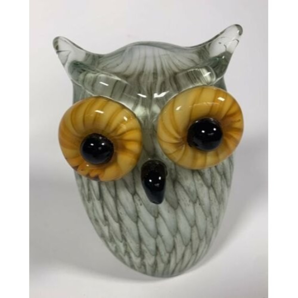 Art Glass Owl Green Yellow Eyes Paperweight